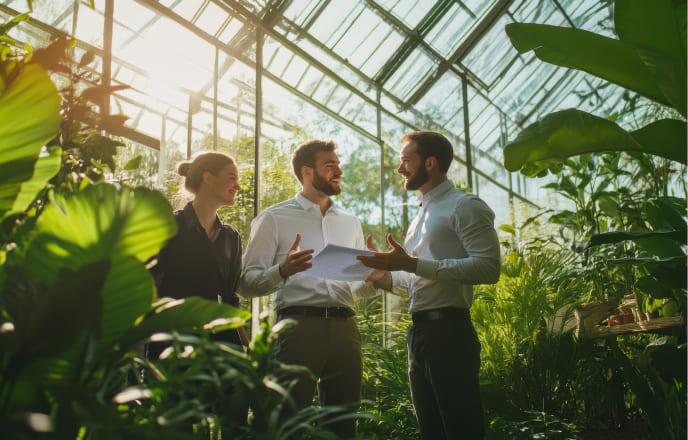 Productores analizando cultivo como parte de financiamiento de crédito agro