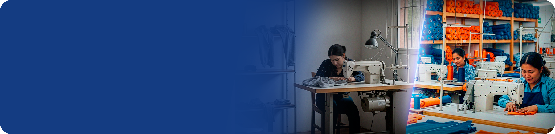 Trabajadoras utilizando máquinas de coser en un taller textil para fortalecer su negocio con apoyo empresarial en 2026.